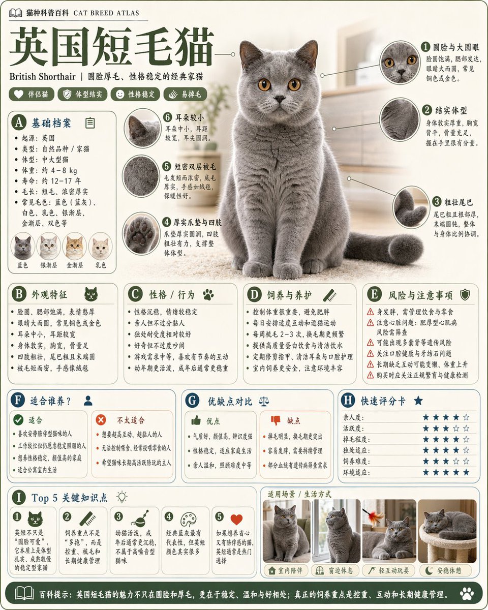 关系图谱信息图：英国短毛猫科普百科卡片