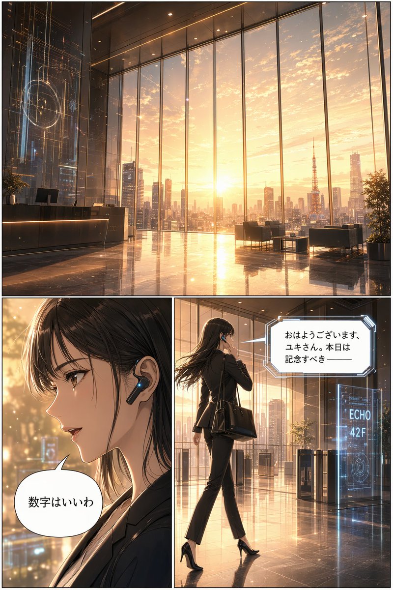 3-Panel Manga: Futuristic Corporate Lobby Architectural Scene