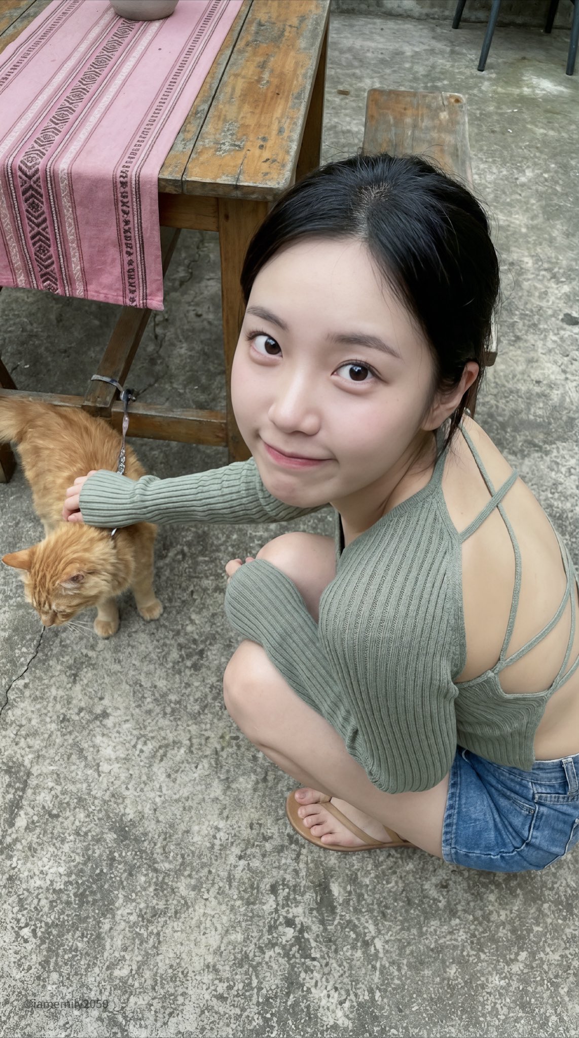 年轻的亚洲女生蹲坐在水泥地的庭院中