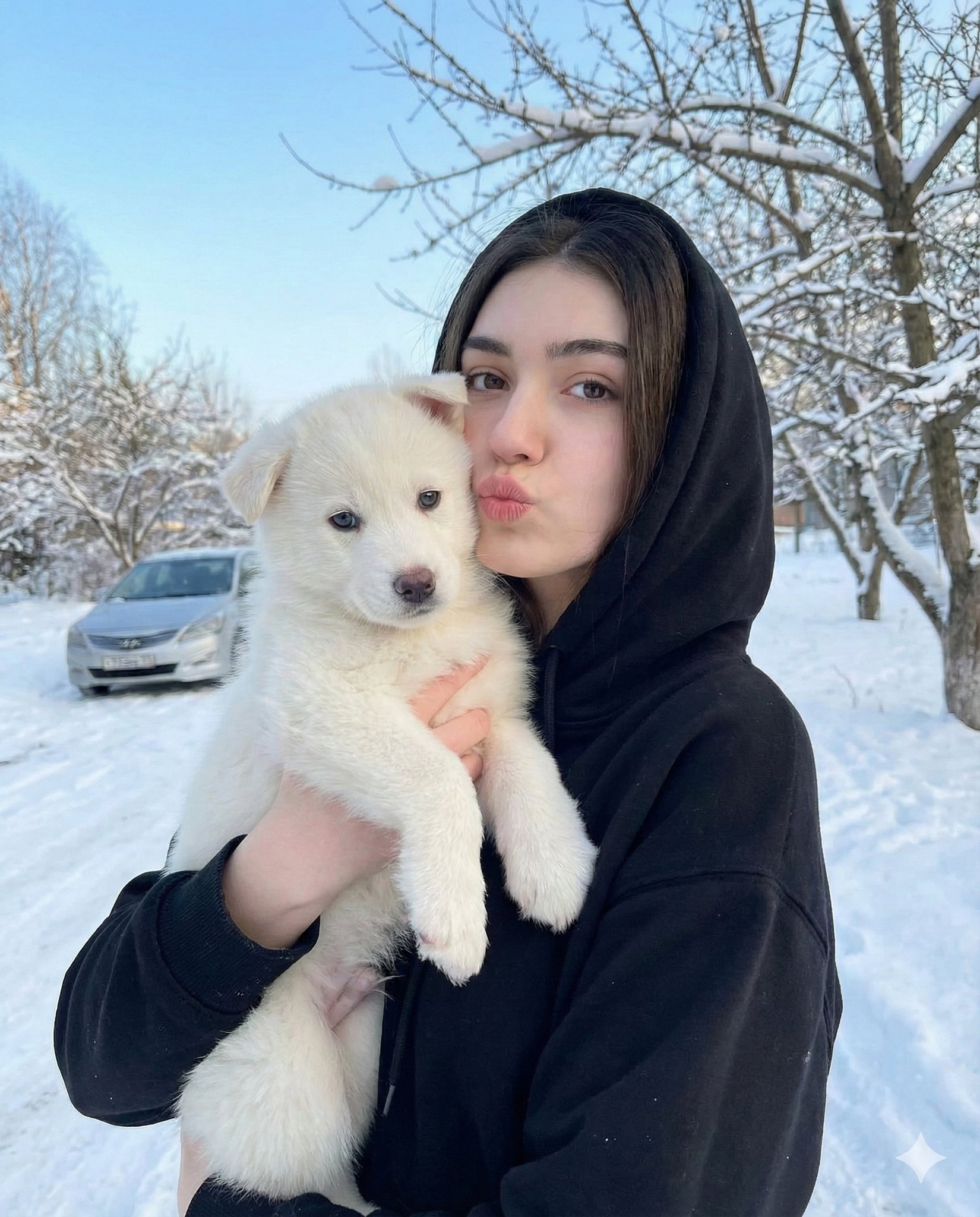 雪地中与幼犬的肖像