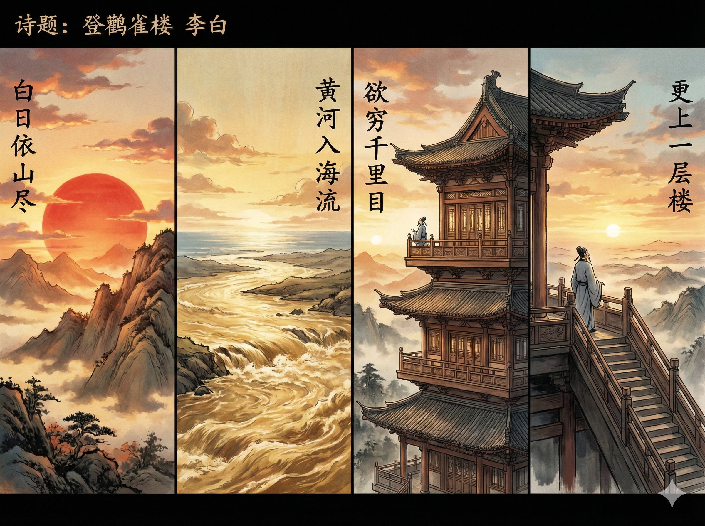 宝玉启发的诗意视觉作品：四画面演绎《登鹳雀楼》