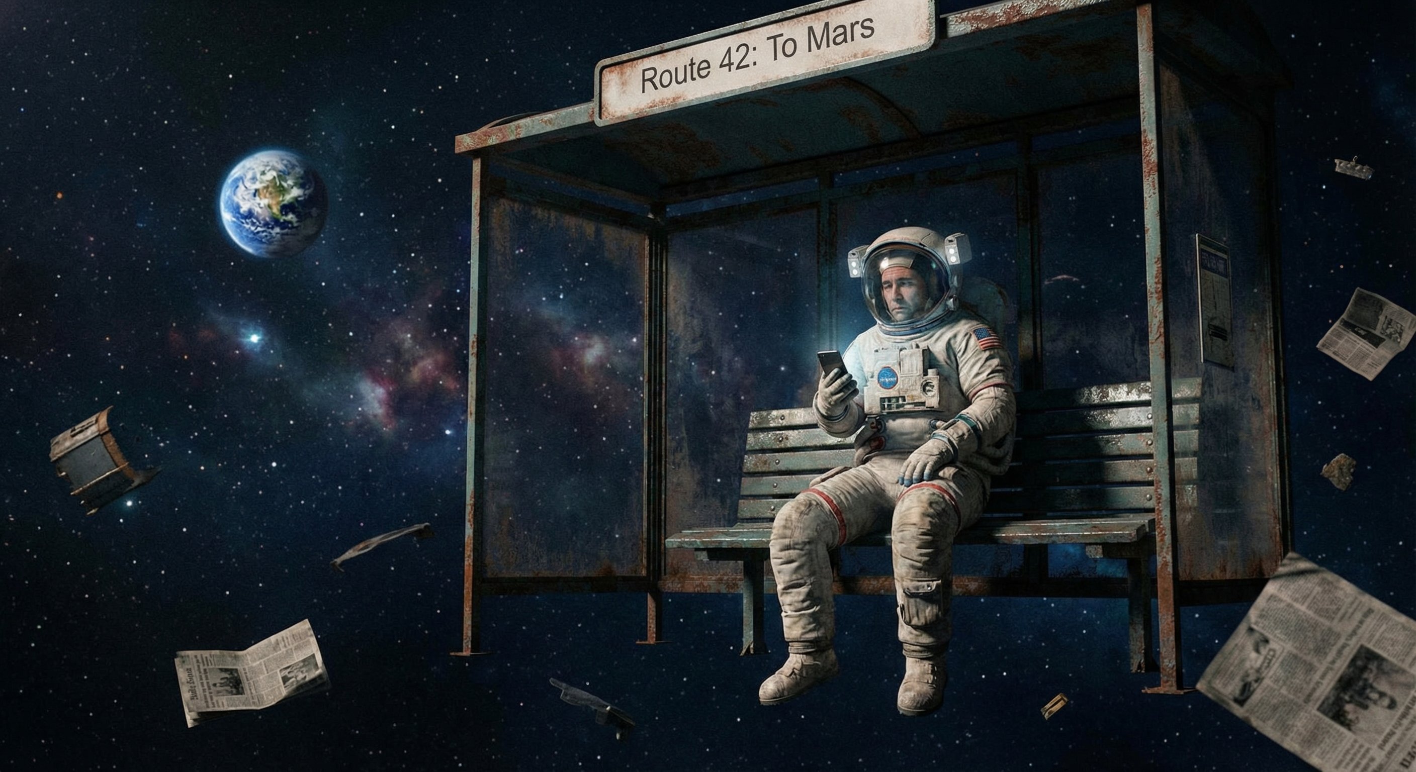 孤独宇航员在太空公交站等待火星42路