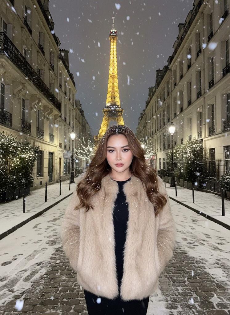 巴黎雪夜，倩影映雪