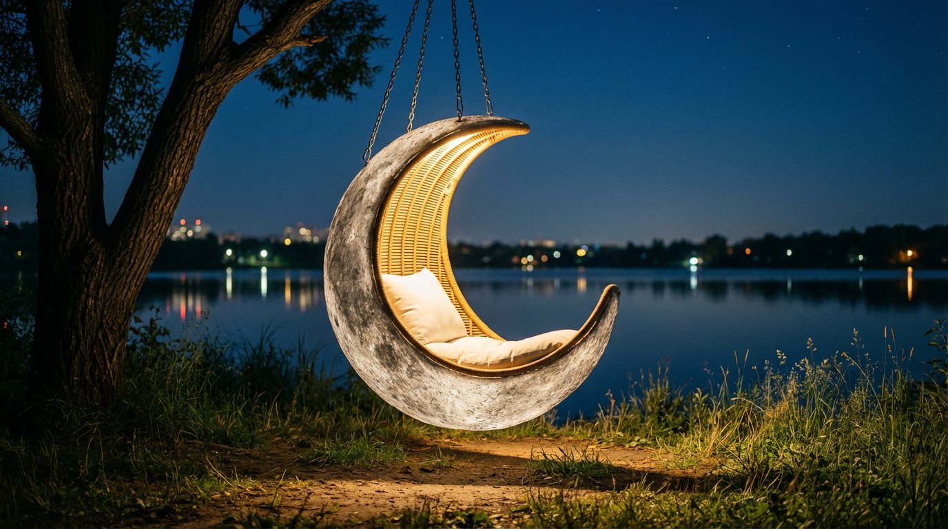 星空椅下的宁静湖畔夜晚