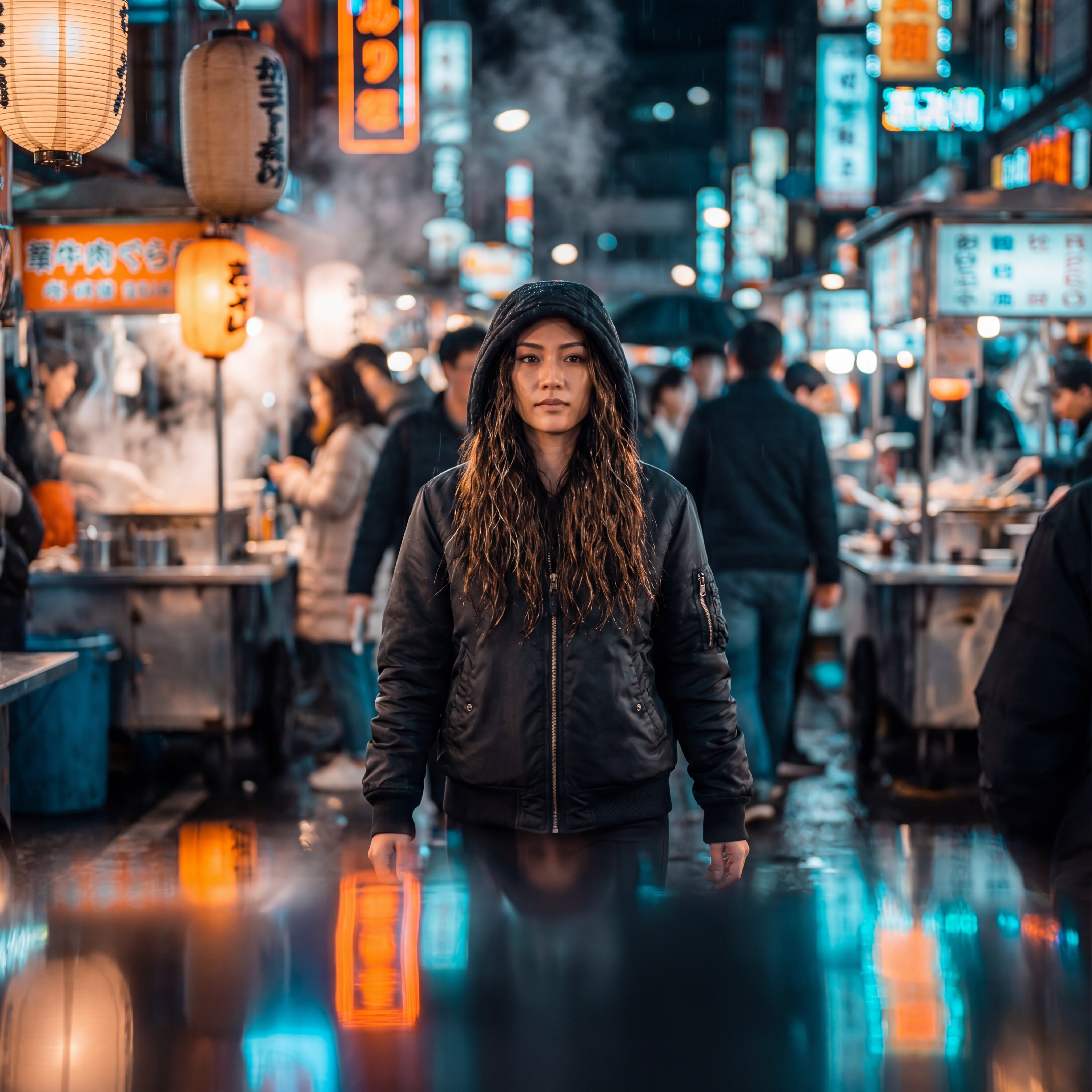 女性漫步霓虹夜市高清人像