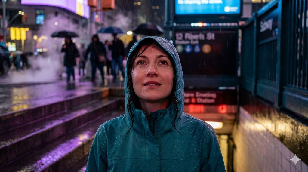 地铁出口霓虹雨中的女性肖像