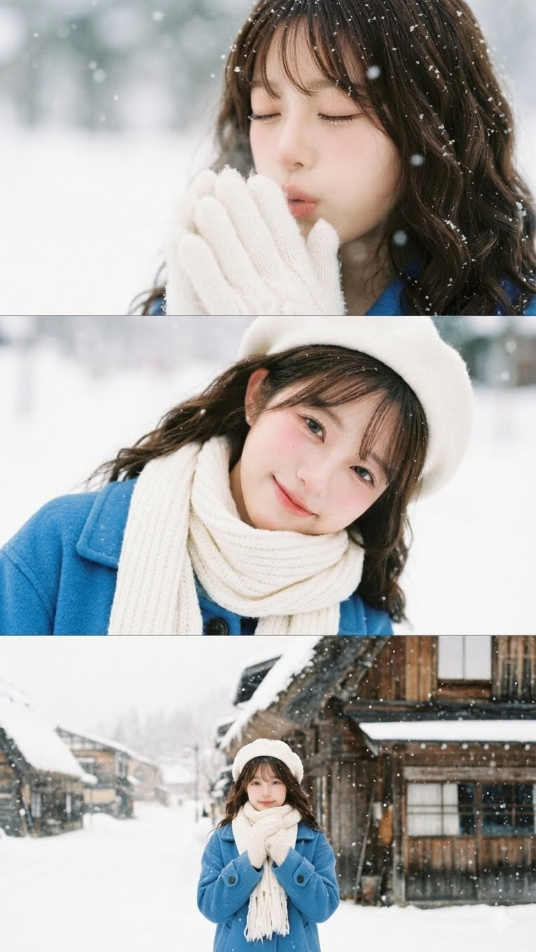 雪中亚洲女性电影胶片拼贴