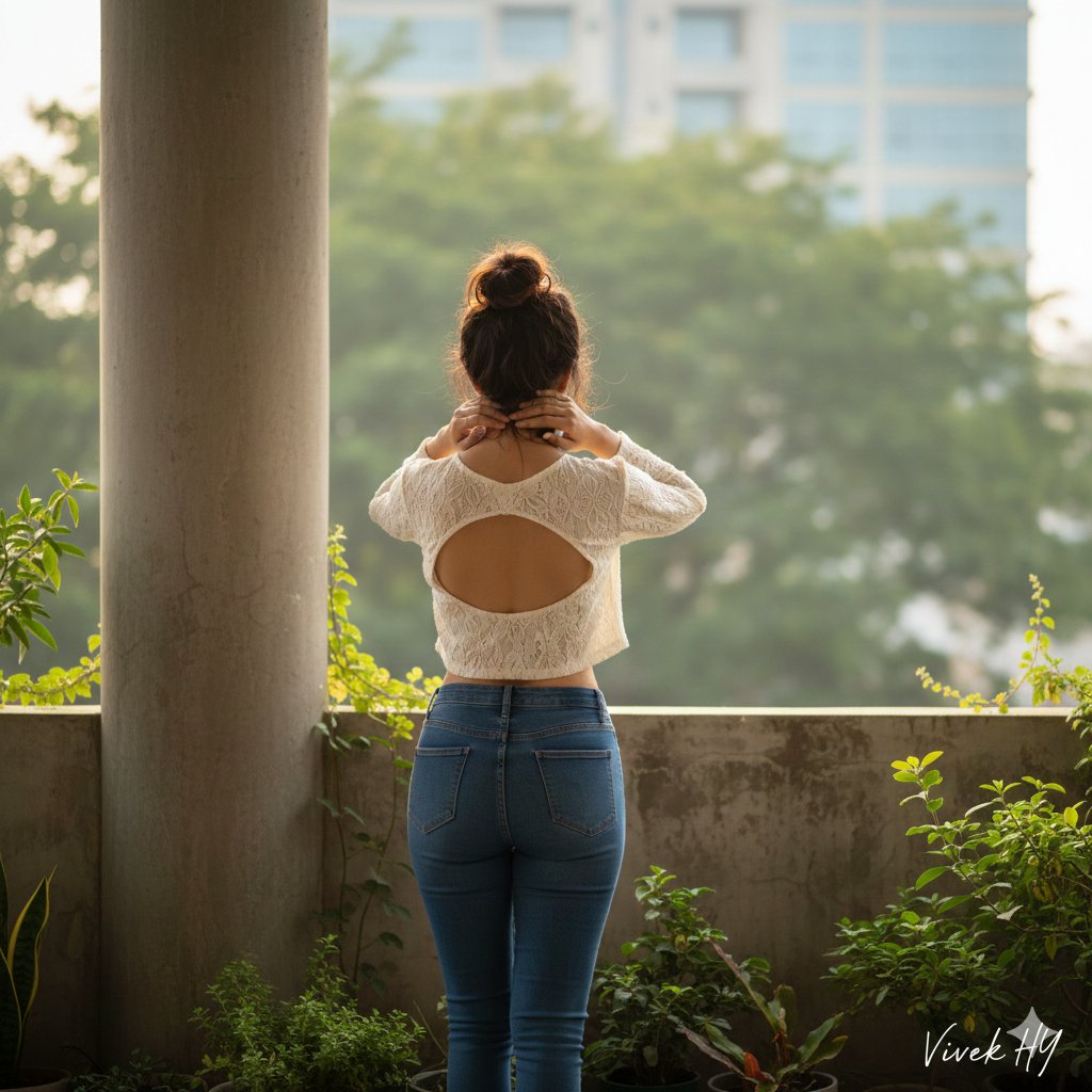 户外阳台上的年轻女子