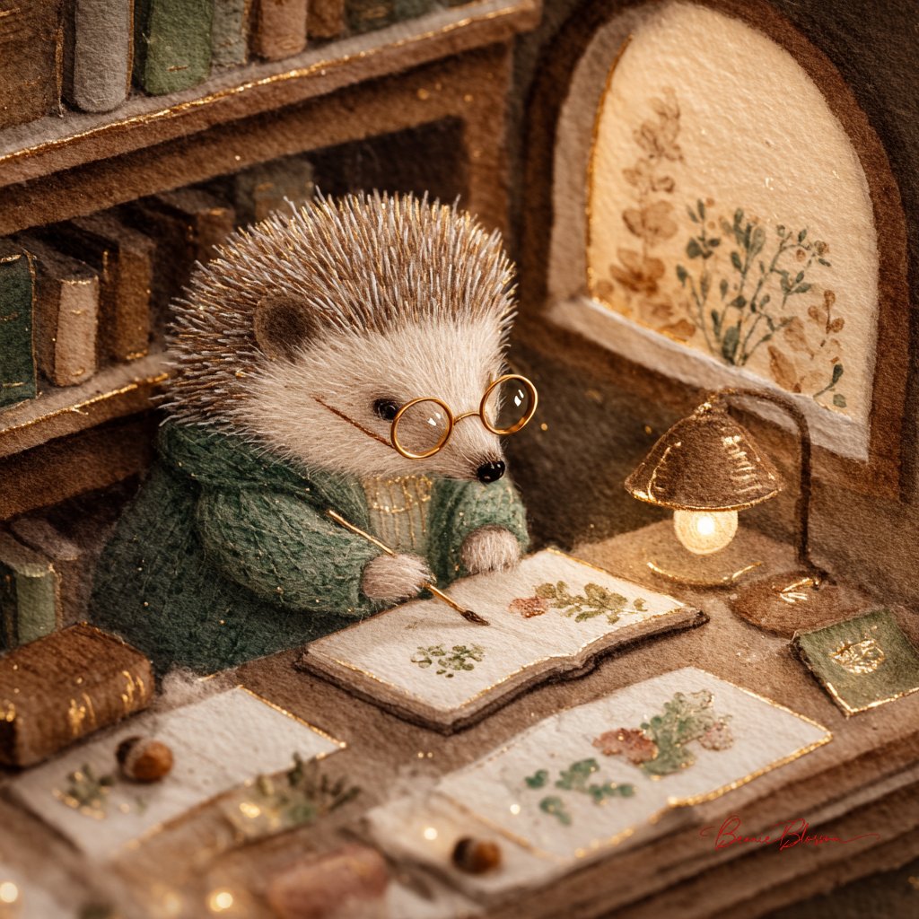 细腻的水彩和金箔微型画作，描绘了一位害羞的刺猬图书管理员