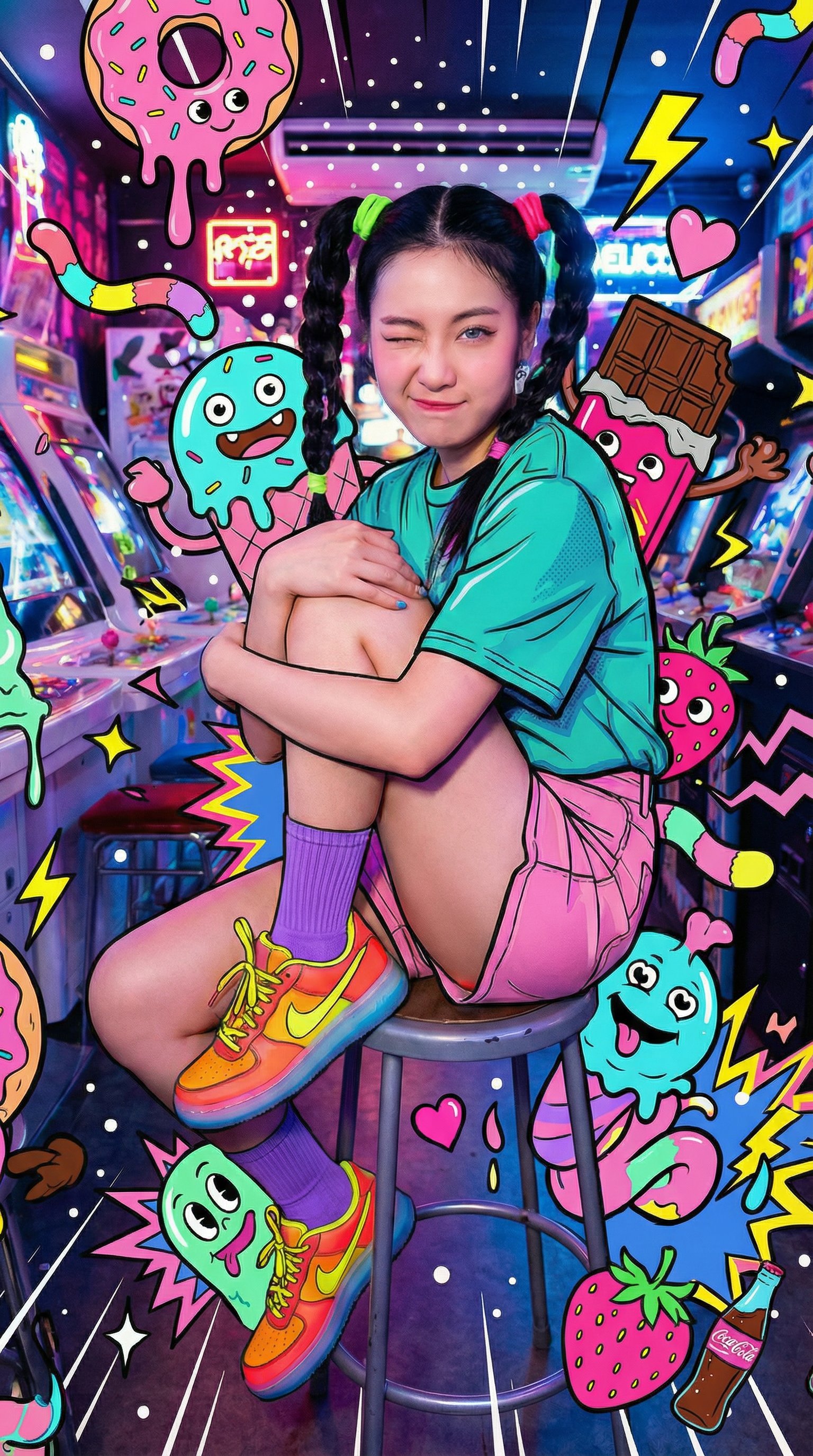 年轻女子在复古游戏厅中的糖果怪物狂欢肖像