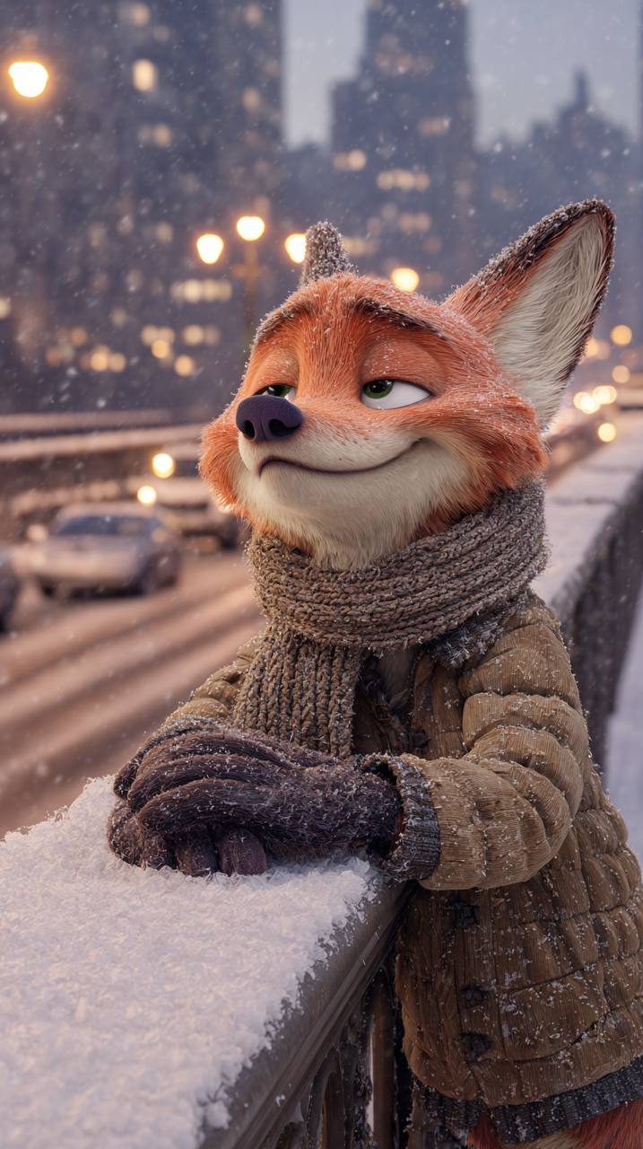 冬日城市雪桥上的拟人狐狸
