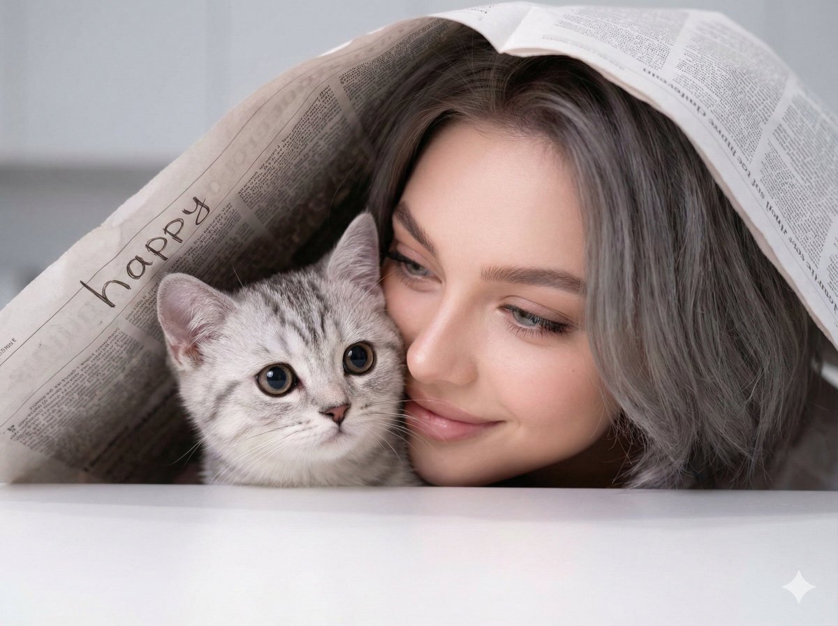 女性与银色虎斑猫亲密互动的近照