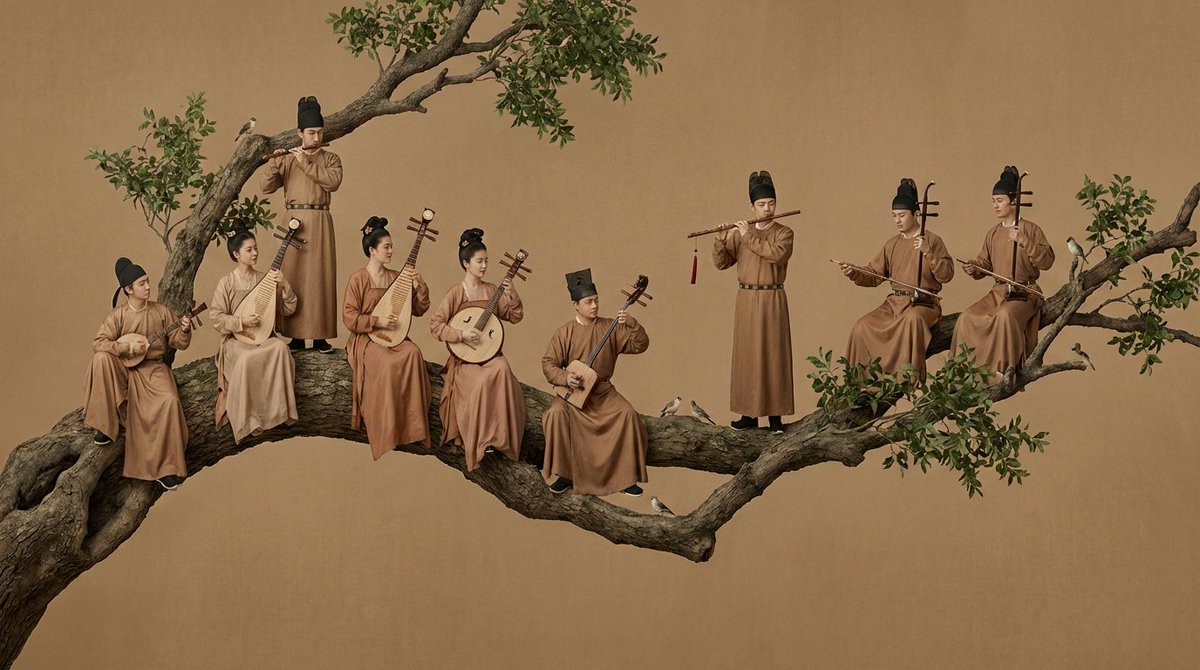 唐代宫廷乐队在阿甘树枝上演奏