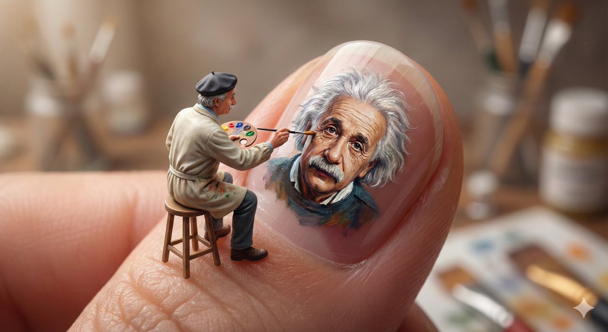 微型艺术家在巨型指甲上绘画的场景