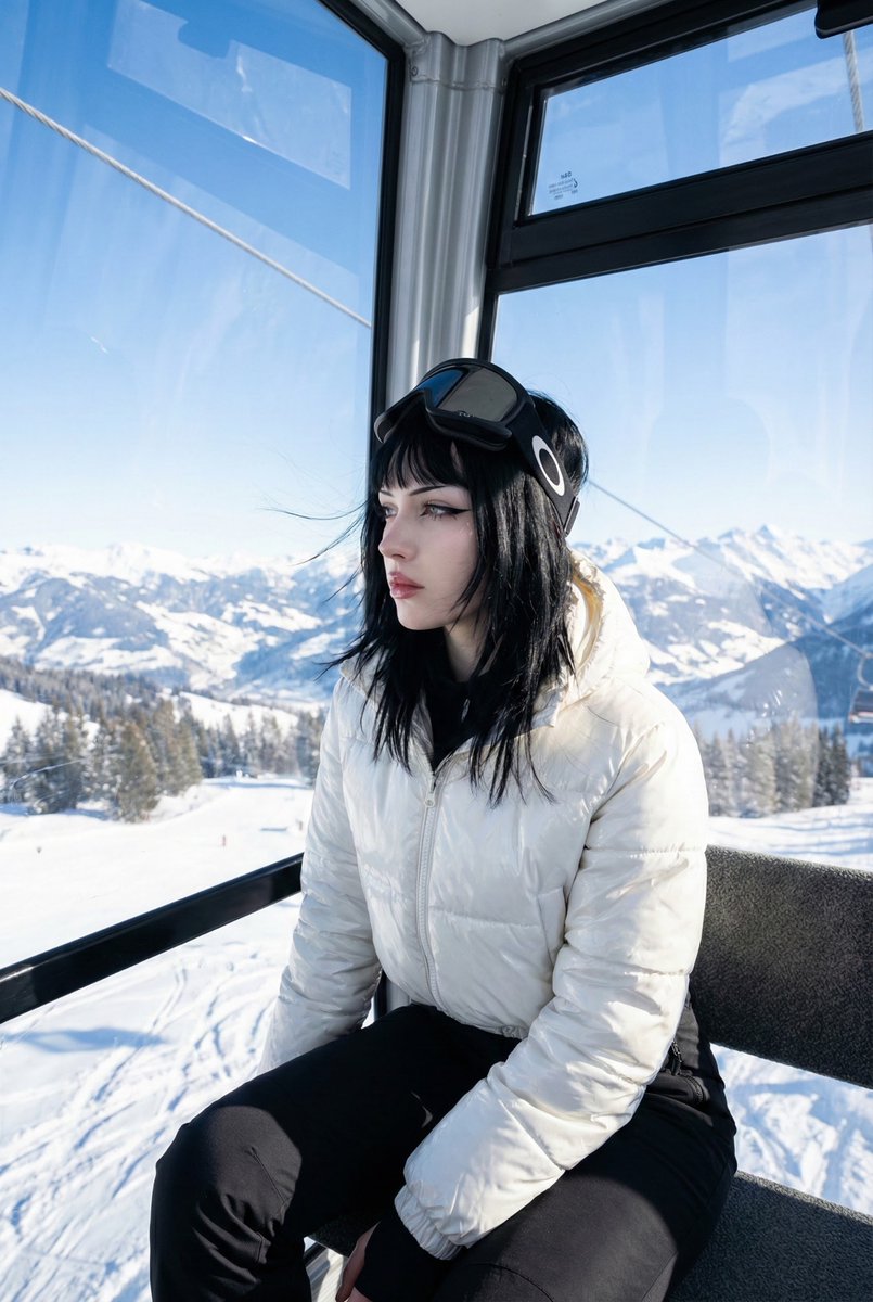 滑雪缆车内的少女