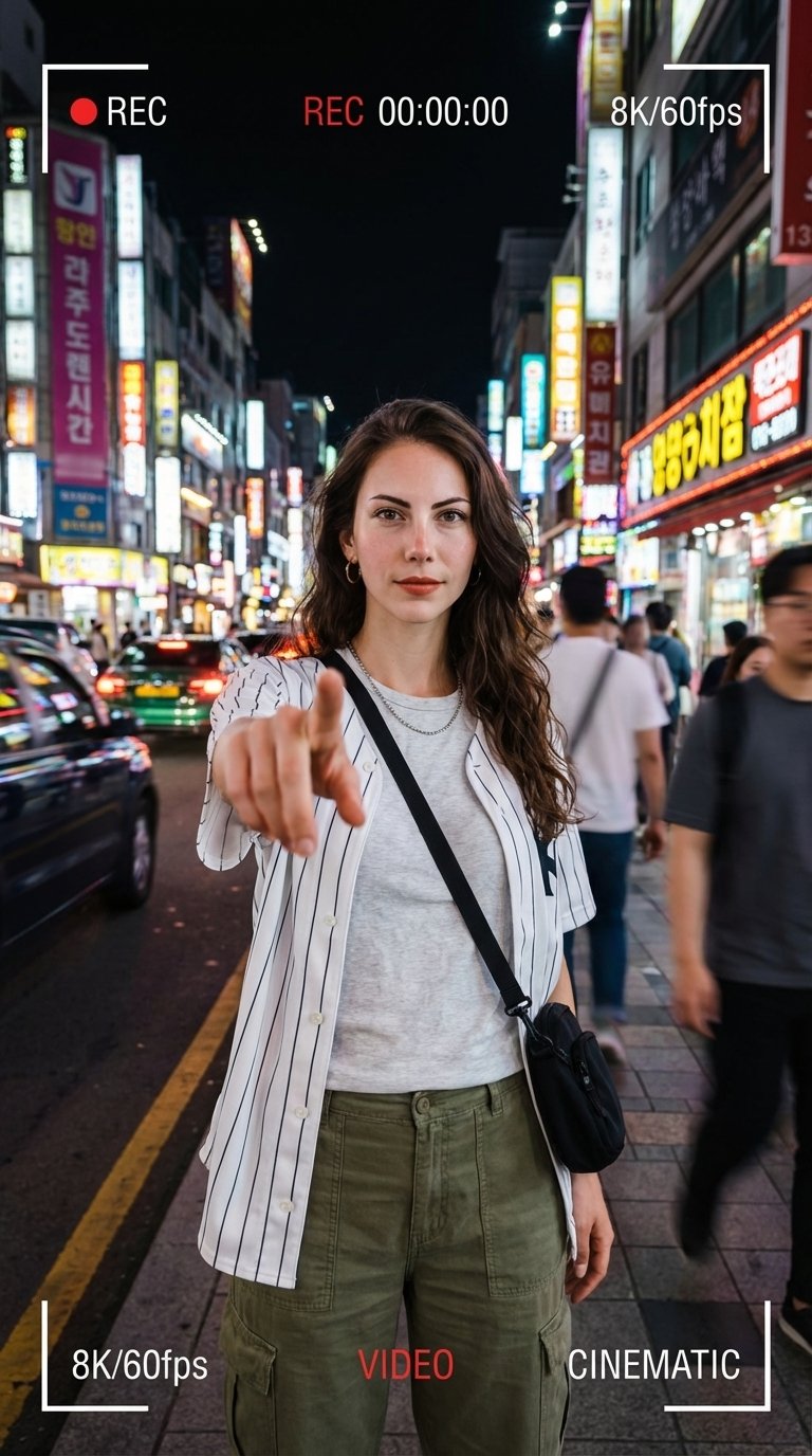 都市夜景中自信站立的年轻女性