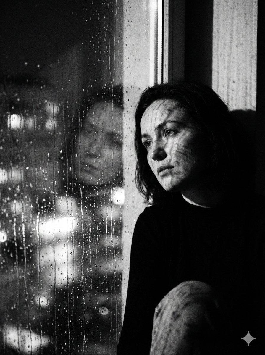 雨夜窗边沉思女性肖像