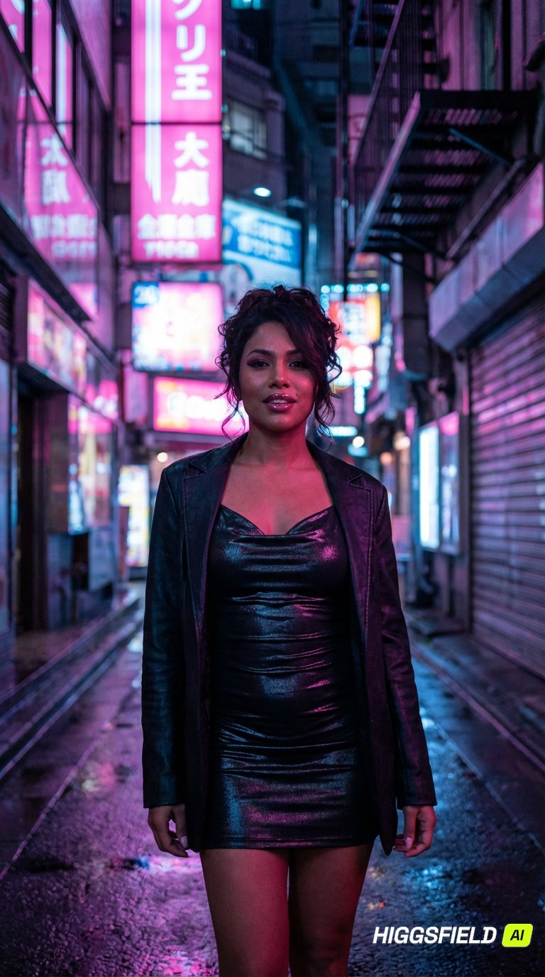 霓虹夜景下的性感成年女性