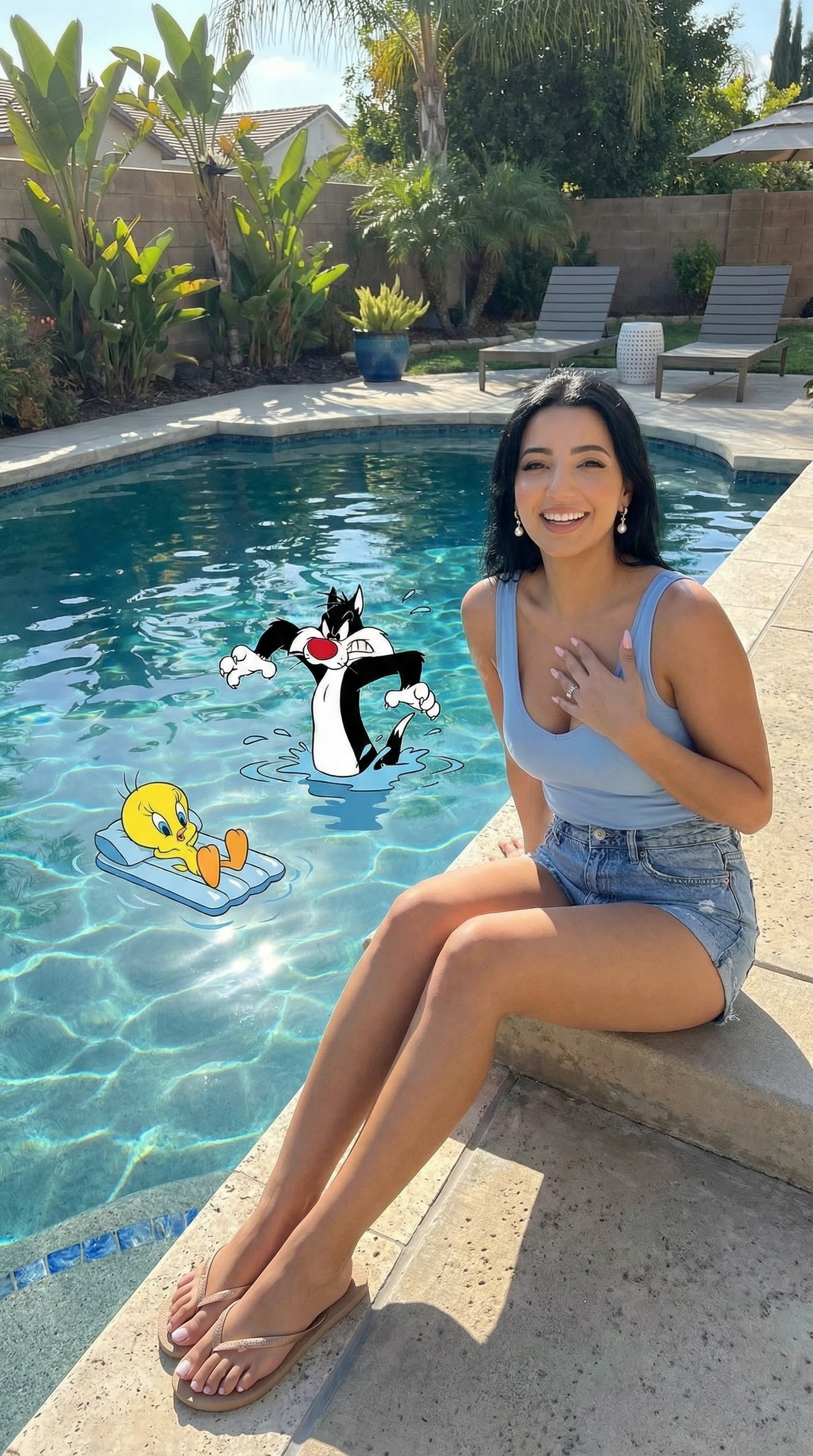 阳光泳池边的女士与 Tweety 和 Sylvester