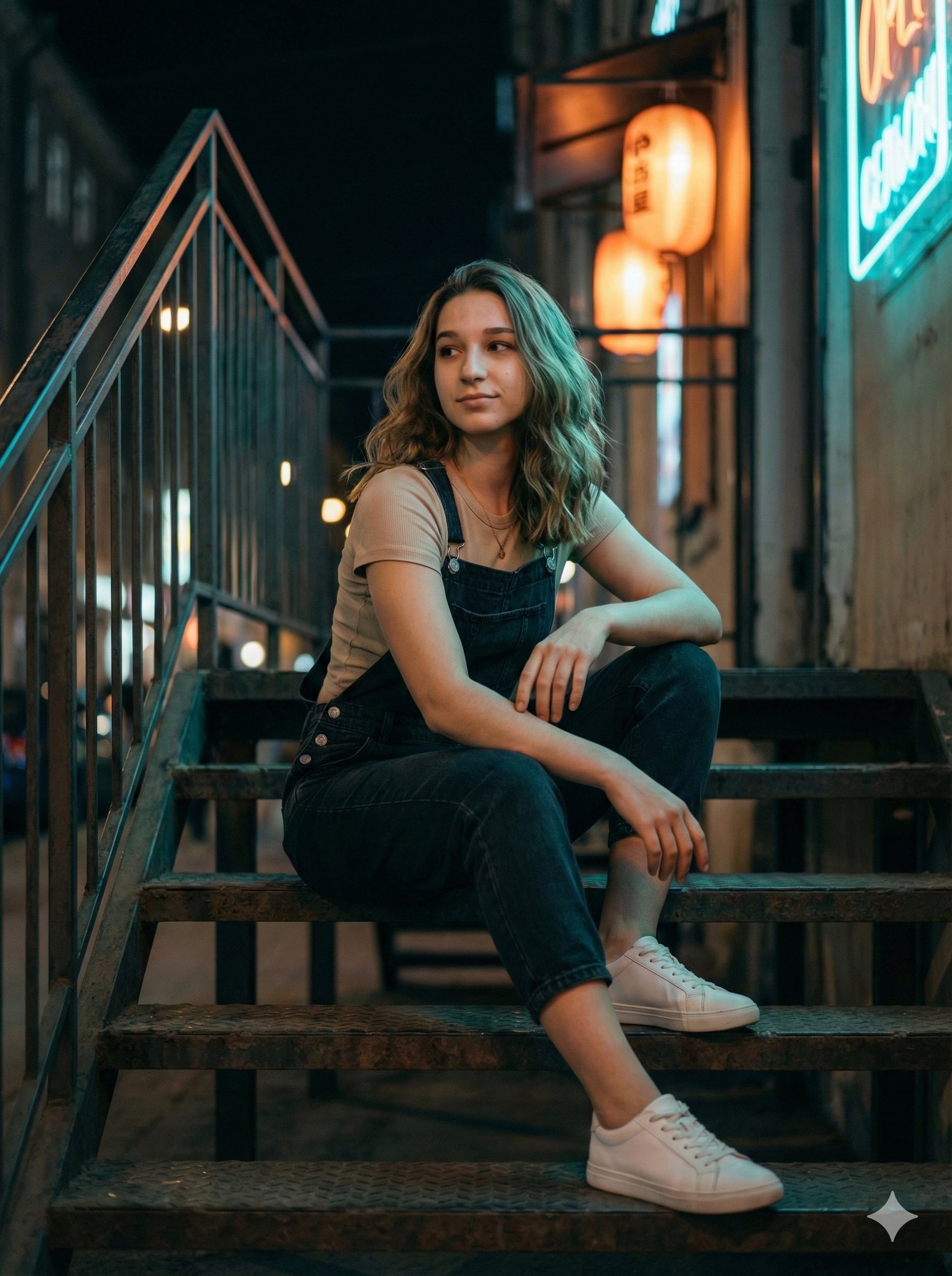 都市街头摄影风格的年轻女性户外夜景肖像