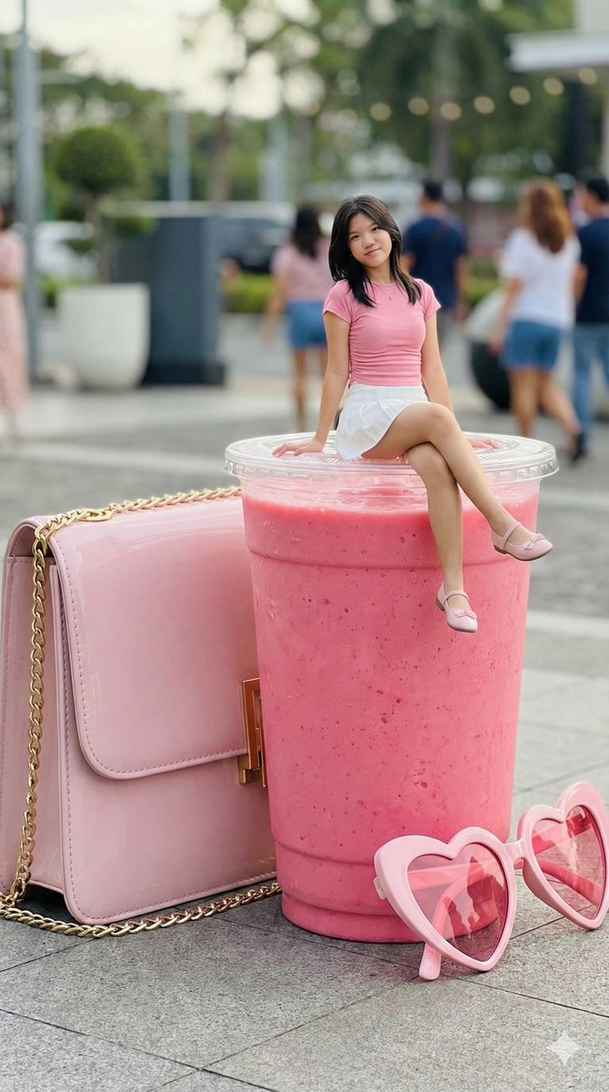 坐在草莓奶昔杯盖上的女士