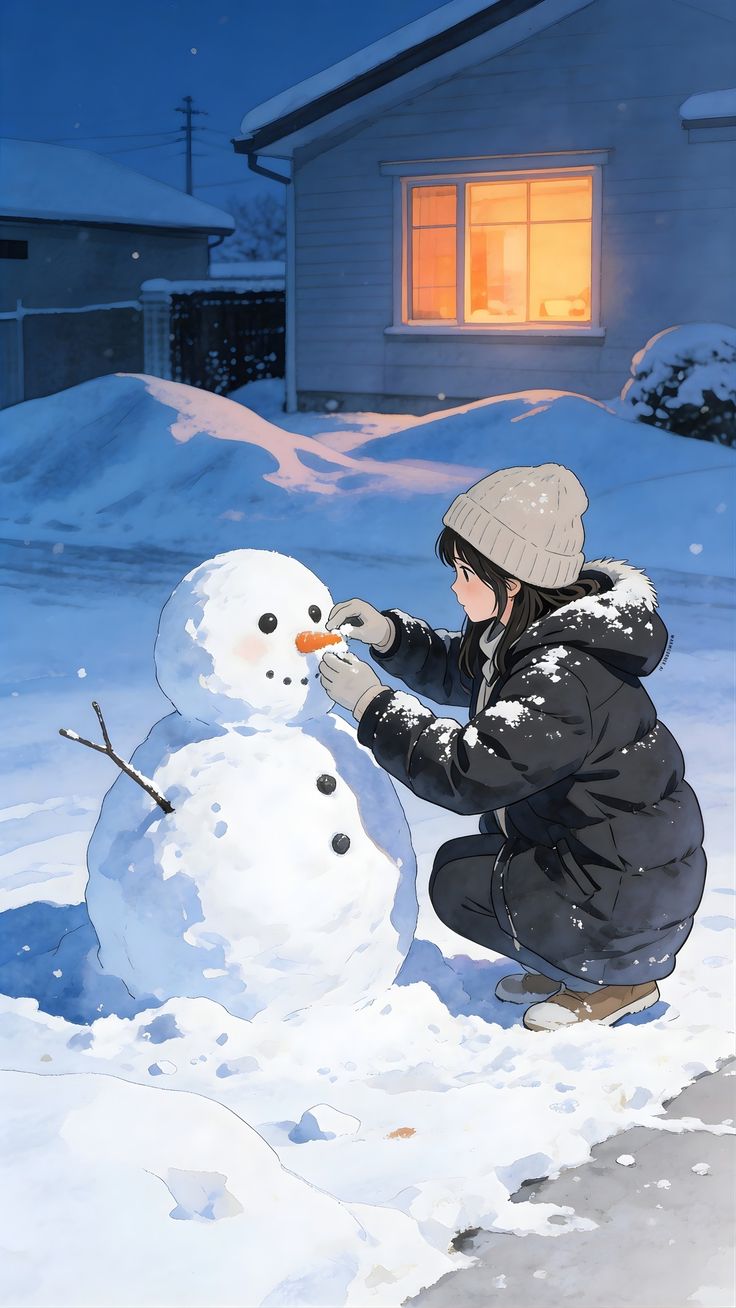 雪地中搭建雪人的年轻女子