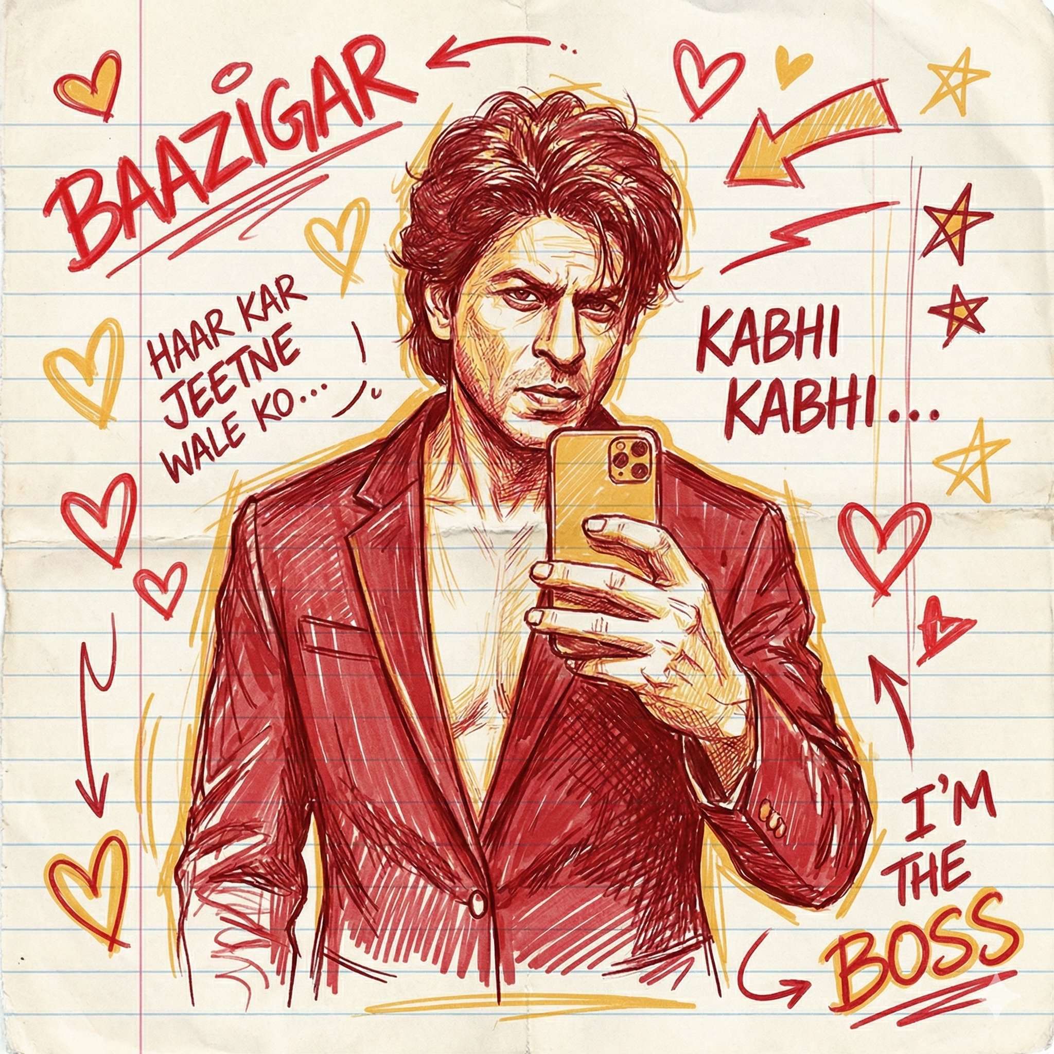 《Baazigar》电影中的Shah Rukh Khan手绘自拍照
