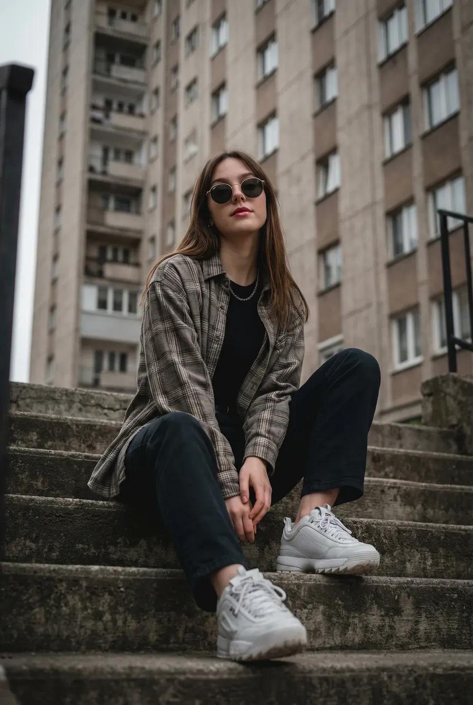 户外楼梯上的年轻女性