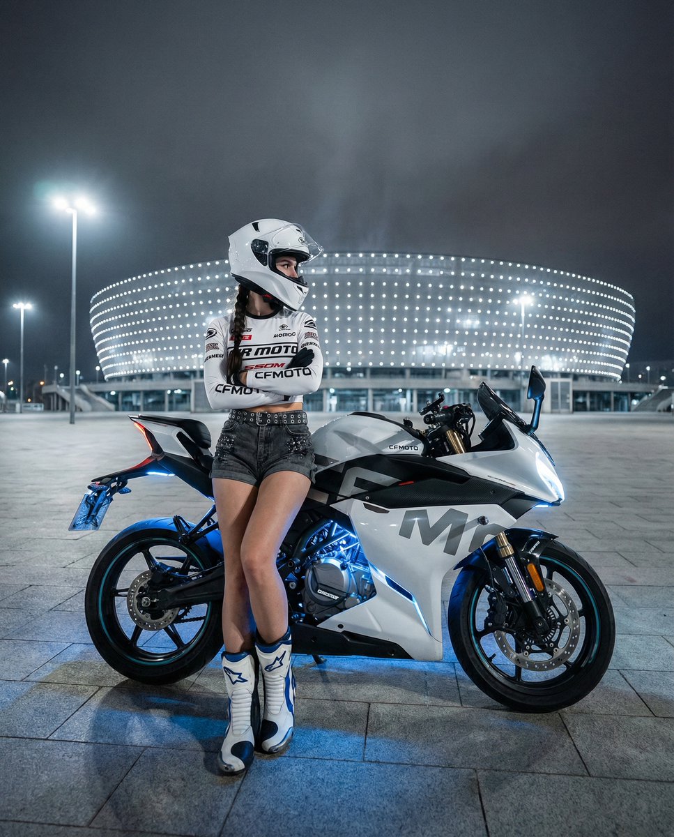 女性摩托车手与CFMOTO 450SR风格现代运动摩托