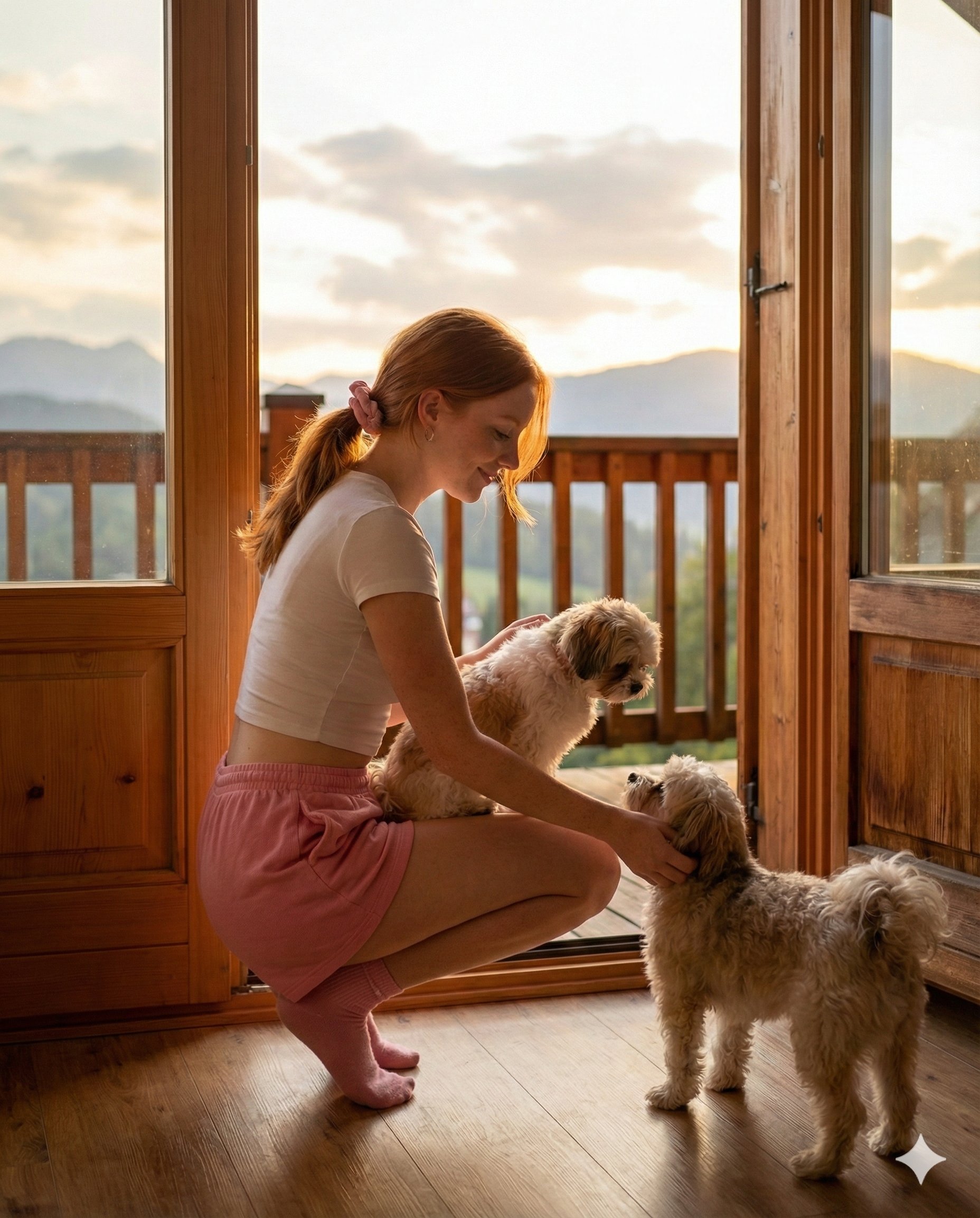 温馨木屋内部与夕阳下的伴侣犬