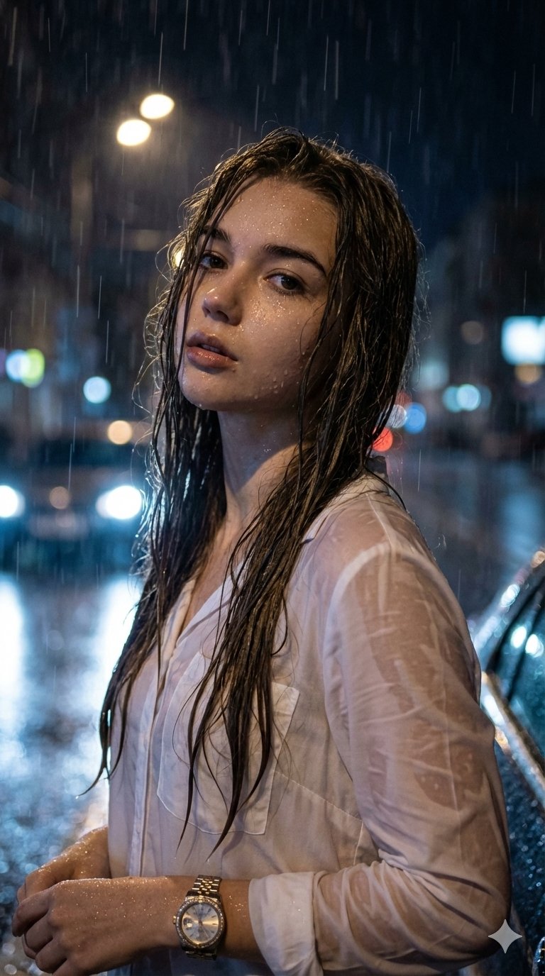 夜晚雨中女性肖像