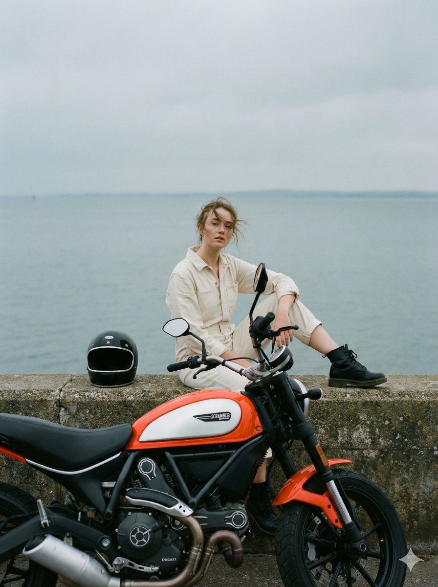 海上混凝土海堤上的女子与杜卡迪Scrambler摩托车