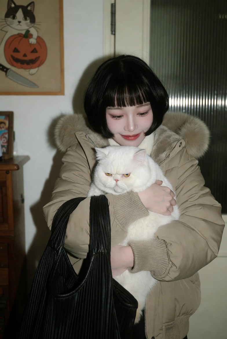 室内门廊中亚洲女性拥抱猫咪的抓拍