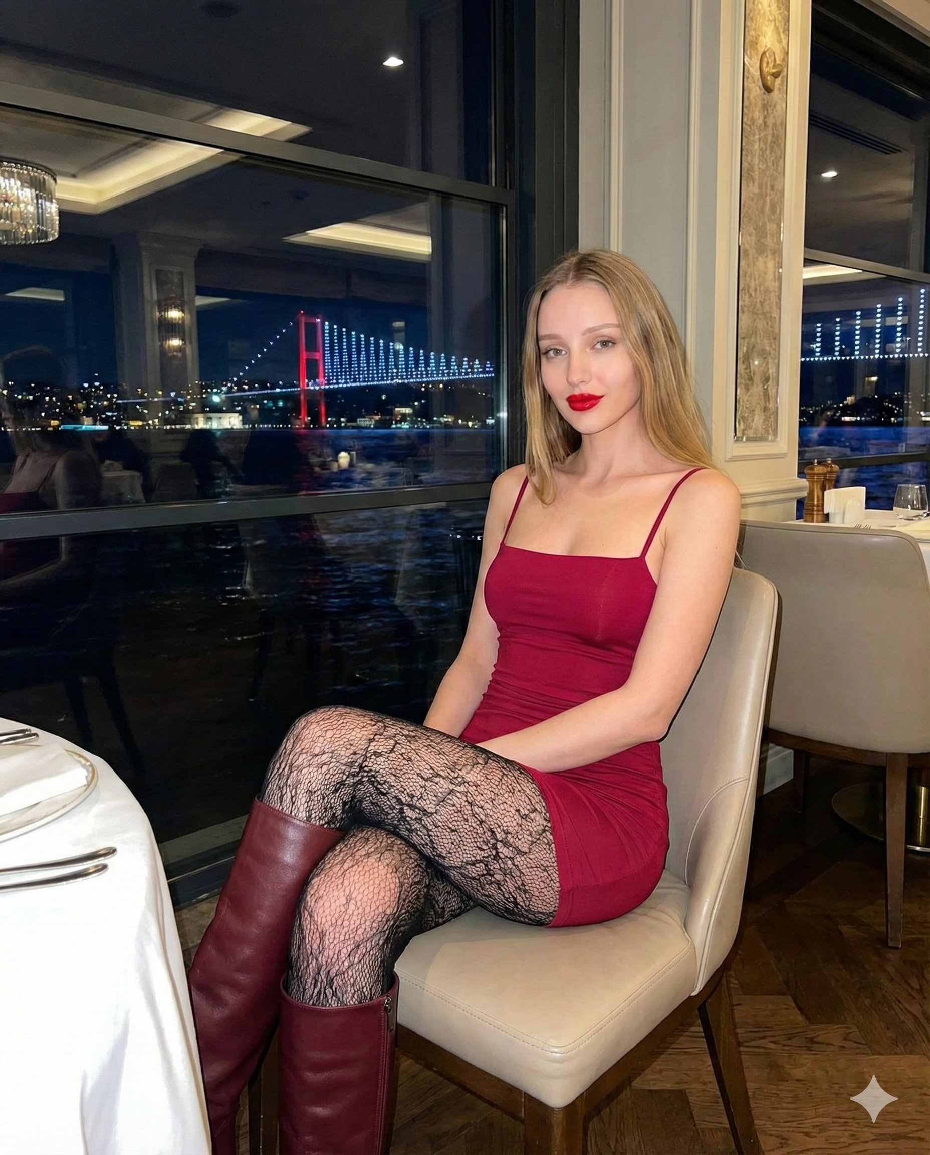 参考照片中的女性在伊斯坦布尔博斯普鲁斯豪华餐厅