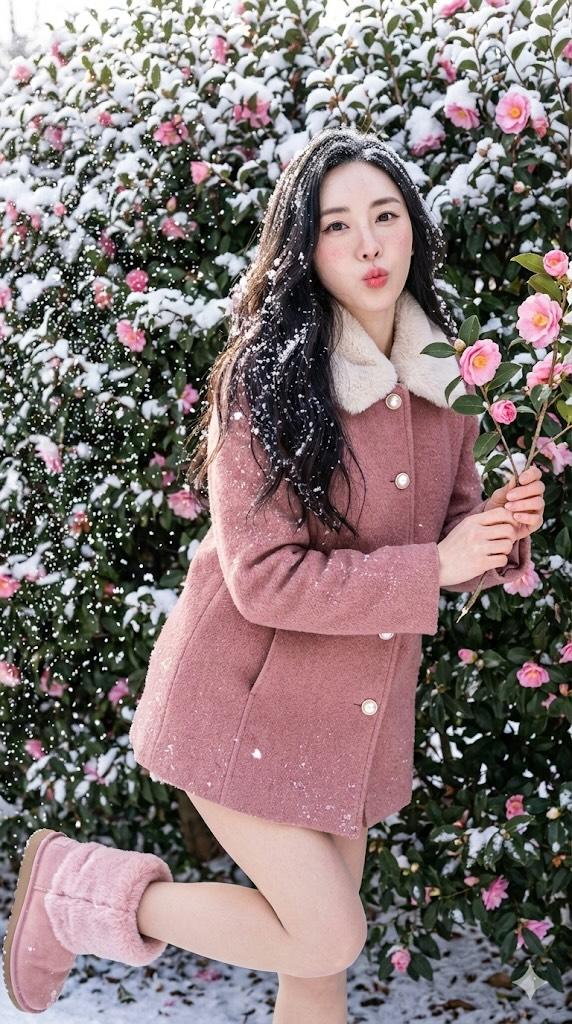 雪地花园中的玫瑰色外套与波斯菊