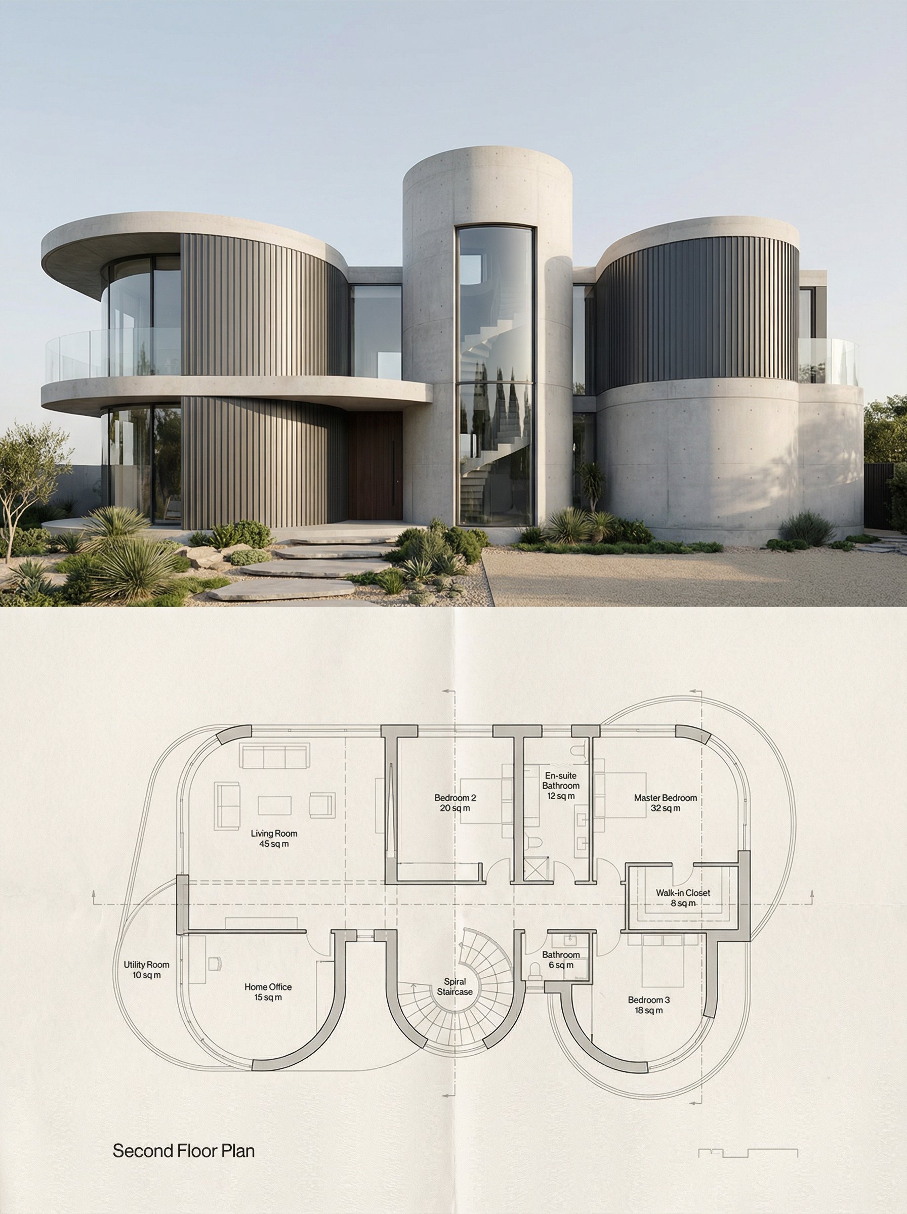 建筑草图与3D渲染结合图
