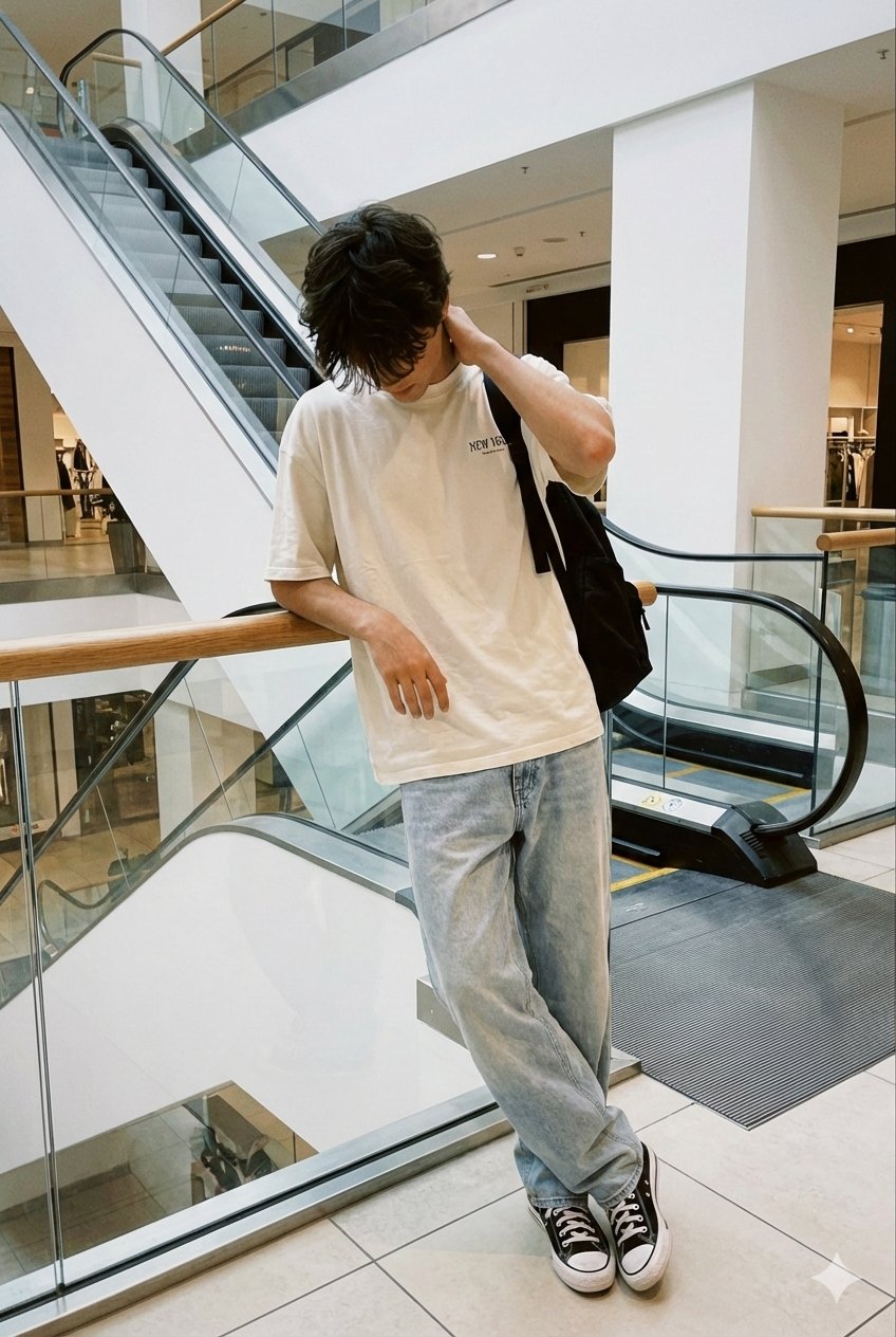 现代商场内 escalator 处的休闲瞬间