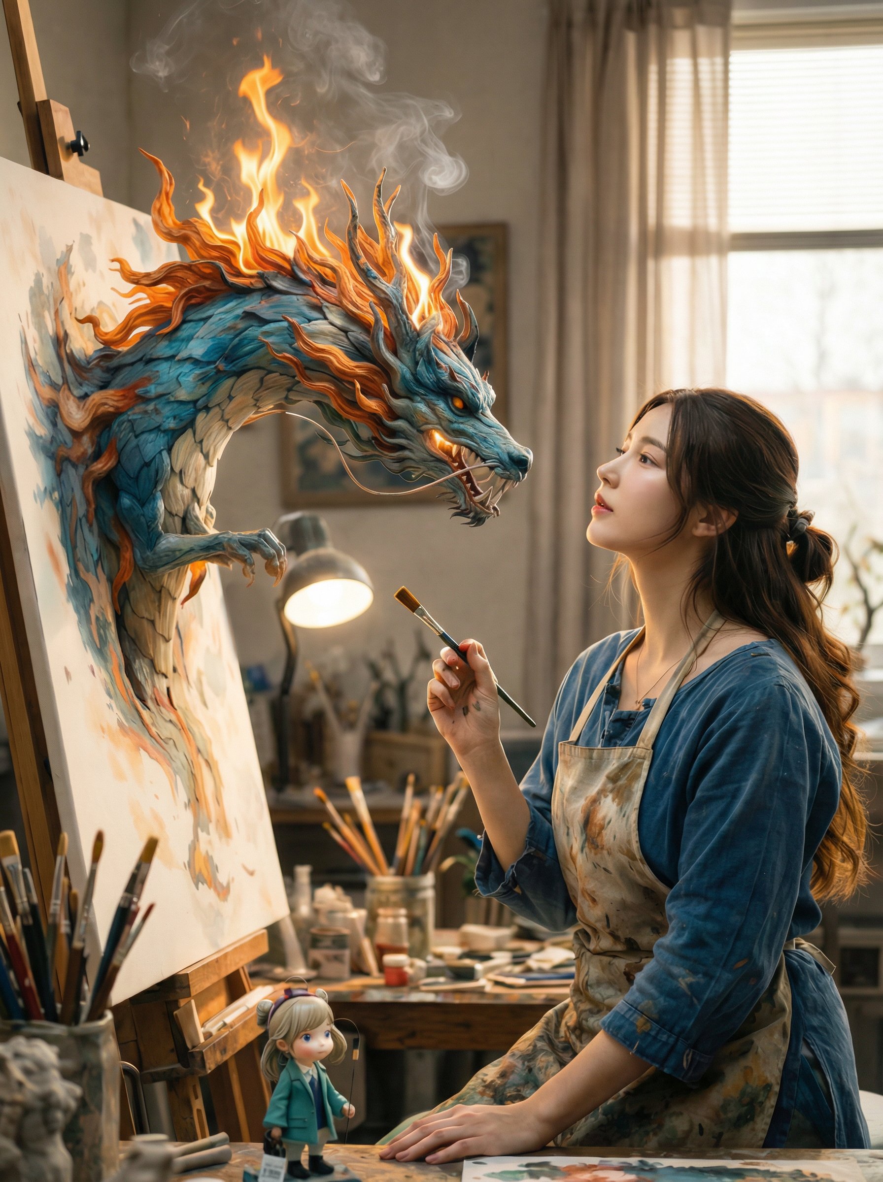 温馨艺术家工作室中的电影式幻想场景