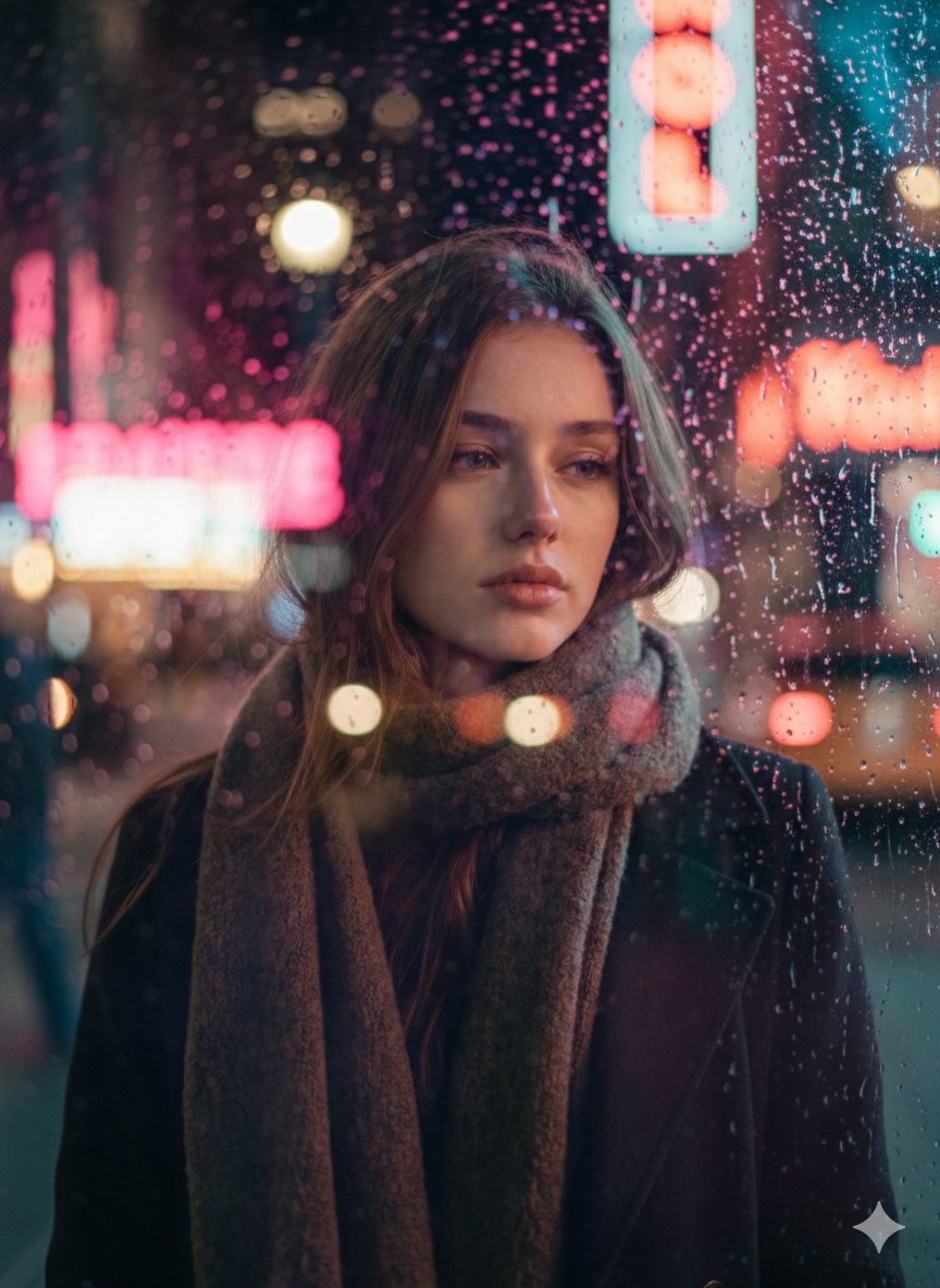 雨夜玻璃窗前年轻女性的电影肖像