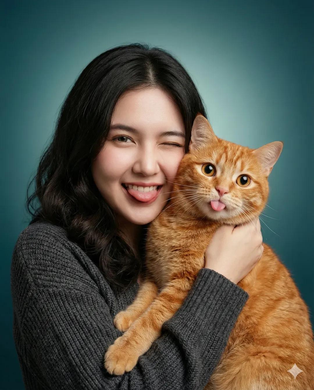 温馨的工作室肖像：年轻女士与可爱橘猫
